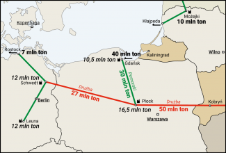 Mapa. Infrastruktura do importu ropy naftowej (we wschodnich Niemczech i w Polsce)