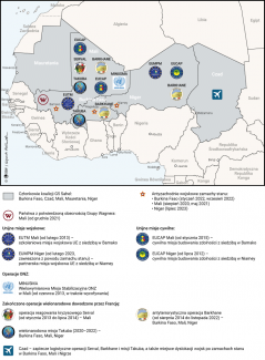 Mapa. Misje i operacje UE, ONZ i Francji w regionie Sahelu w latach 2013–2023