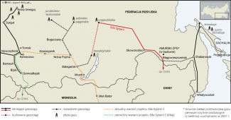Mapa. Istniejący i planowane szlaki eksportu rosyjskiego gazu systemem rurociągowym do Chin