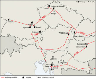 Mapa. Infrastruktura dostaw ropy naftowej do Czech