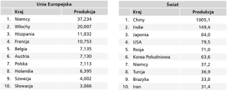 Tabela. Produkcja stali surowej w UE i na świecie w 2024 roku (w mln ton)