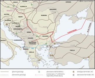 Mapa. TurkStream na tle infrastruktury gazowej w Europie Środkowej i Południowo-Wschodniej