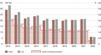 Wykres 14. Produkcja żeliwa i stali na Ukrainie oraz jej udział w światowej produkcji w latach 2013–2022