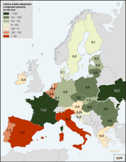 Mapa 1. Różnica między eksportem i importem pszenicy w państwach członkowskich UE i na Ukrainie w 2024 roku