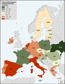 Mapa 2. Różnica między eksportem i importem kukurydzy w państwach członkowskich UE i na Ukrainie w 2024 roku