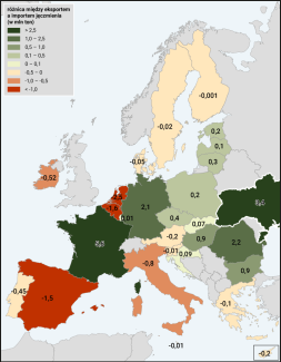 Mapa 3. Różnica między eksportem i importem jęczmienia w państwach członkowskich UE i na Ukrainie w 2024 roku