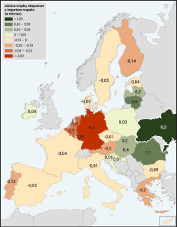Mapa 4. Różnica między eksportem i importem rzepaku w państwach członkowskich UE i na Ukrainie w 2024 roku