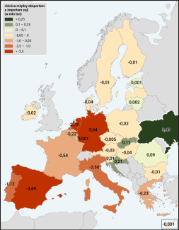 Mapa 5. Różnica między eksportem i importem soi w państwach członkowskich UE i na Ukrainie w 2024 roku