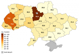 Mapa 1. Średnia cena za 1 ha gruntów rolnych w poszczególnych obwodach