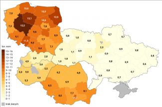Mapa 2. Średnia cena 1 ha gruntów rolnych na Ukrainie i w unijnych państwach sąsiedzkich w 2021 roku 
