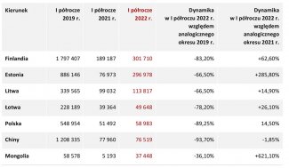Tabela 3. Statystyka wyjazdów obywateli Rosji do sąsiednich państw „dalekiej zagranicy”* w l półroczu 2019, 2021 i 2022 roku