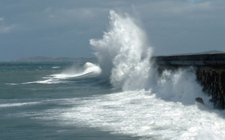 Wave breaking on Holyhead breakwater