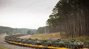 Stryker vehicles (tanks) during rail transport